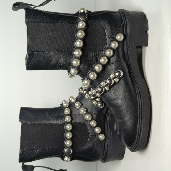 Zara Black chelsea pearl Studded Combat Boots w/ Chunky Sole woman size 6 EU 36 - Picture 5 of 16